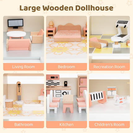 Costzon Wooden Dollhouse for Kids, 3-Story Luxury Doll House, DIY Pretend Dollhouse Playset