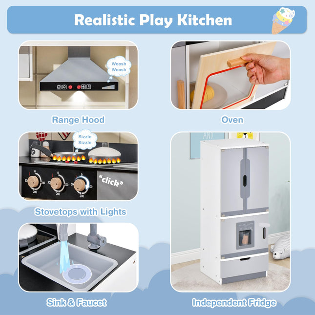 Costzon 2-Piece Play Kitchen, Wooden Toy Kitchen Set with Refrigerator