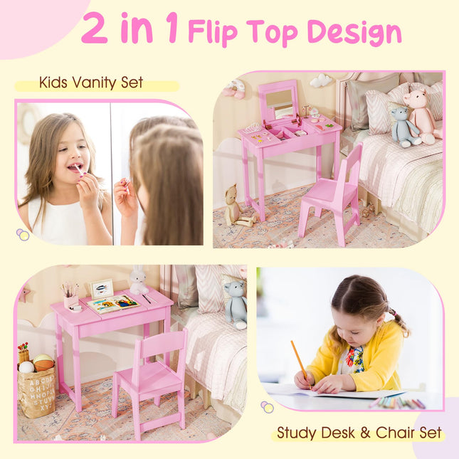 Costzon Kids Vanity, 2 in 1 Girls Vanity Set with Flip Top Mirror, Hidden Storage Space