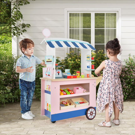 Costzon Wooden Grocery Cart, Kids Pretend Role Play Market Stand with Play Food