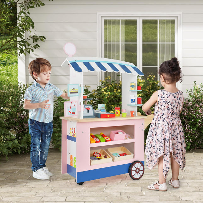 Costzon Wooden Grocery Cart, Kids Pretend Role Play Market Stand with Play Food