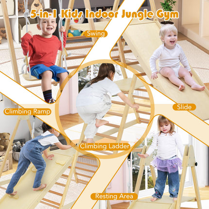 Costzon Indoor Jungle Gym, 5-in-1 Foldable Montessori Climbing Toys for Toddlers w/Double-Sided Slide, Indoor Wooden Playground Climber Playset