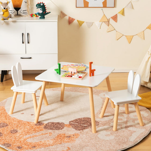 Costzon Kids Table and Chair Set, 3 Pieces Wooden Activity Play Table & 2 Cute Rabbit