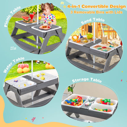 Costzon Kids Picnic Table, 4 in 1 Sand & Water Table w/Adjustable Umbrella