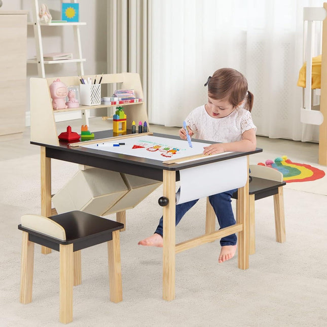 Costzon 2 in 1 Children’s Wooden Easel Table Set with 2-Tier Shelves