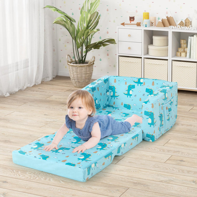 Costzon Kids Sofa, 2 in 1 Flip Open Couch w/Sturdy Sponge Construction, Velvet Fabric, Storage Pockets, Toddler(Crocodile)