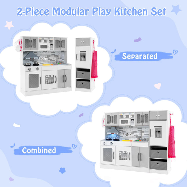 Costzon 2-Piece Kids Kitchen Playset, Wooden Play Kitchen with Water Circulation, Lights and Sounds