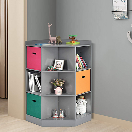 Costzon 9-Cubby Kids Bookcase, Children's Corner Cabinet with 6 Cubes and 3 Shelves, Wooden Toy Organizers and Storage Book Shelves
