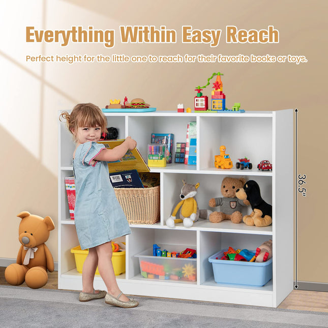 Costzon Kids Toy Organizers and Storage, Wooden 3 Tier Bookshelf with 8 Compartment Cubes to Organize Books