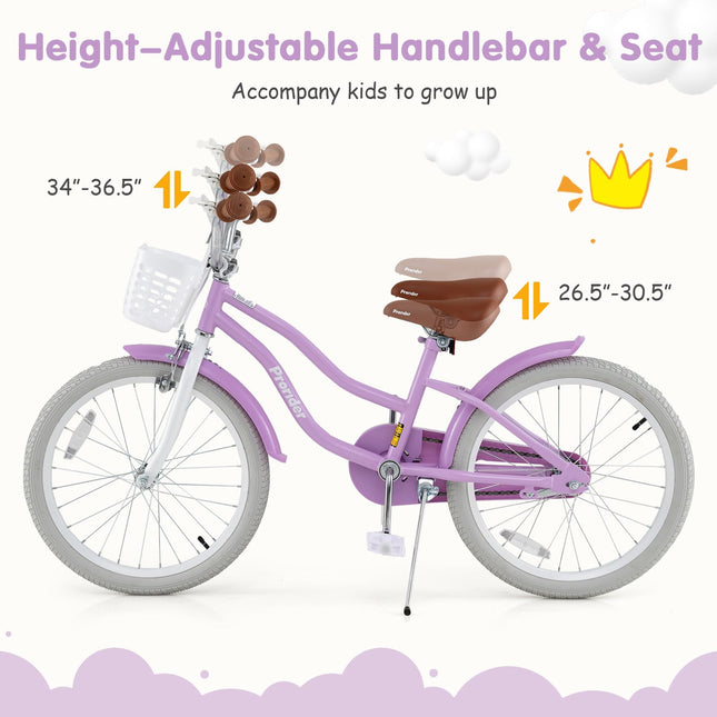 BABY JOY Kids Bike, 20 Inch Boys Girls Bike w/Adjustable Seat, Removable Basket, Handbrake & Coaster Brake, Kickstand