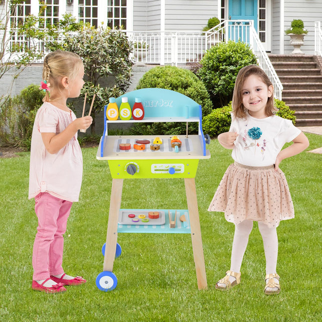 Costzon Kids Barbecue Grill Playset, Wooden Pretend Cooking Truck with 21 Play Food & Barbecue Accessories