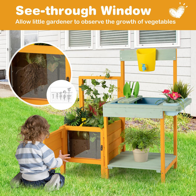 Costzon Mud Kitchen, Kids Potting Bench with Garden Bed & See-Through Window, Treills, Kids Kitchen Playset