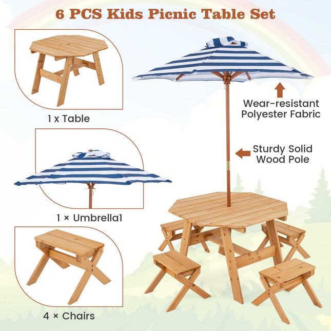 Costzon Kids Picnic Table, Fir Wood Octagon Kids Table and Chair Set with Removable Umbrella