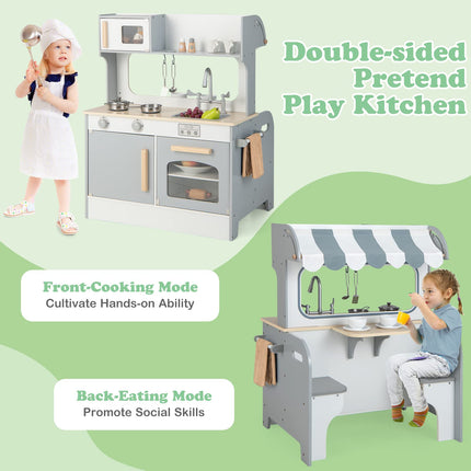 Costzon 2 in 1 Kids Kitchen Playset, Double-Sided Pretend Cooking Eating Play Kitchen with Coffee Table Set