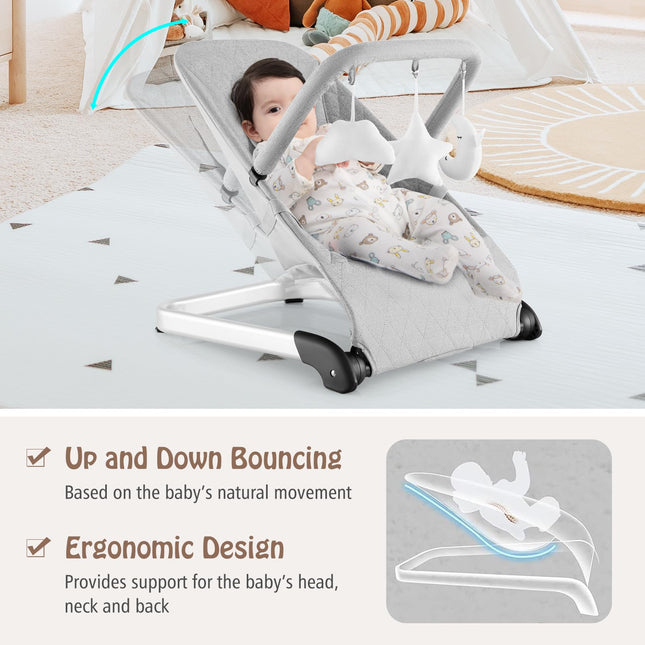 BABY JOY Baby Bouncer, Foldable Baby Rocker & Stationary Seat with 5-Point Safety Harness (Grey)