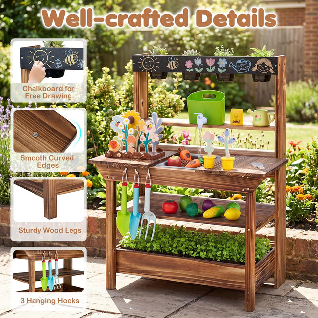 Costzon Outdoor Mud Kitchen for Kids | Toddler Wooden Potting Bench w/Water Faucet