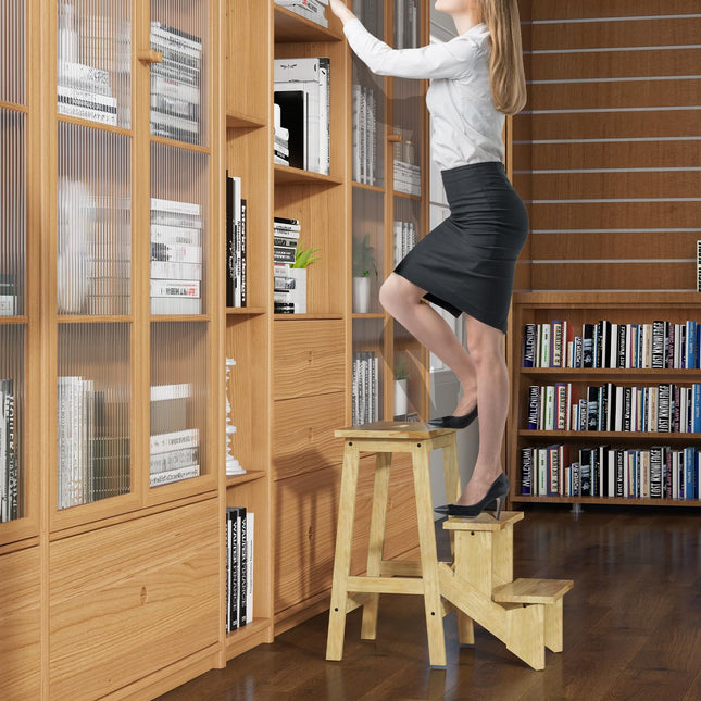 Costzon 3 Tier Folding Step Stool, 3-in-1 Wood Foot Stool Display Storage Shelf Flower Rack for Home