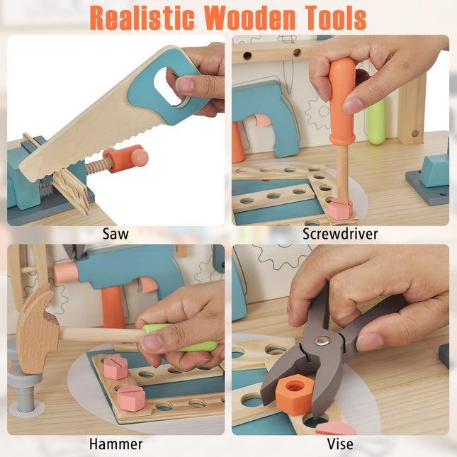 Costzon Kids Tool Bench, Wooden Pretend Workbench w/ 63 Toy Tools and Accessories