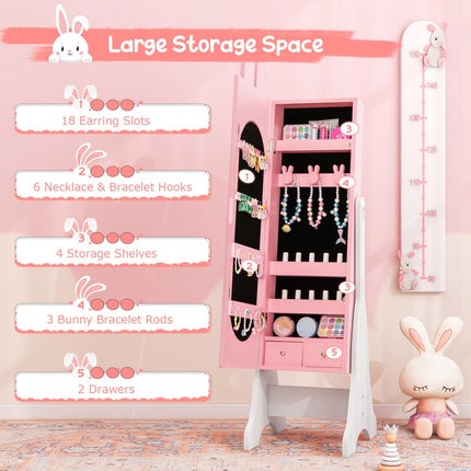 Costzon Kids Jewelry Armoire Cabinet, 45" Standing Jewelry Organizer with Full-Length Mirror