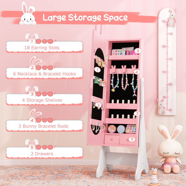 Costzon Kids Jewelry Armoire Cabinet, 45" Standing Jewelry Organizer with Full-Length Mirror