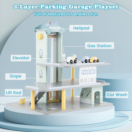 Costzon Toy Car Garage, Multi-Level Wooden Toy Garage with 4 Cars, Helicopter, Gas & Charging Station