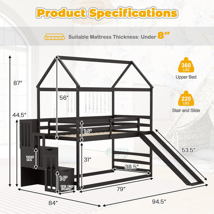 Costzon House Bunk Bed, Twin Over Twin Wood Kids Bed Frame with Slide & Storage Staircase