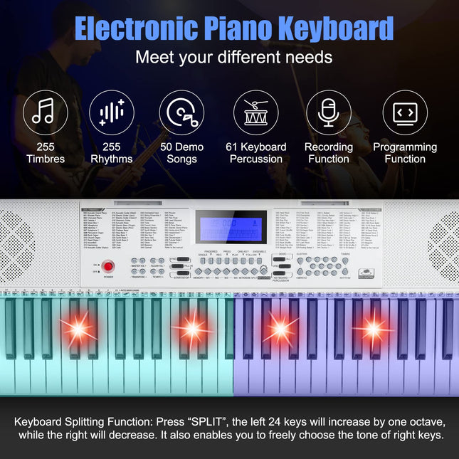 Costzon 61 Key Piano Keyboard, Portable Electronic Keyboard Piano, 3 Teaching Modes for Beginners Kids Adults