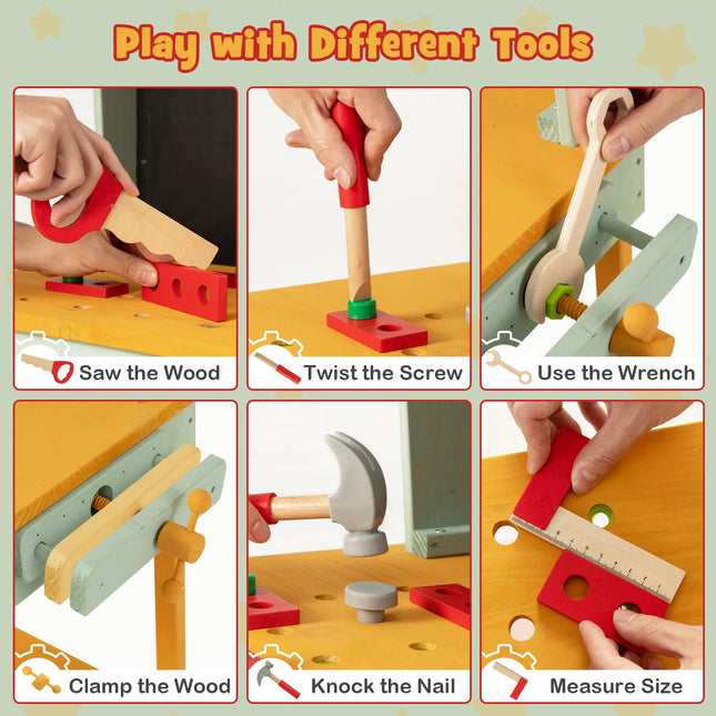 Costzon Tool Bench for Kids, Wooden Pretend Workbench with Toy Tools and Accessories, Realistic Role Play Construction Building Tool Set