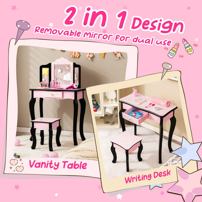 Costzon Kids Vanity Table and Chair Set, Girls Vanity Set with Mirror and Stool, Pretend Play Vanity Set for Little Girls
