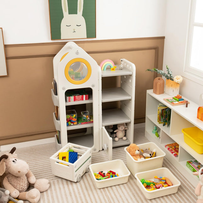 Costzon Kids Toy Storage Organizer and Bookshelf, Multipurpose Shelf with Mobile Truck, Storage Bins & Cabinet