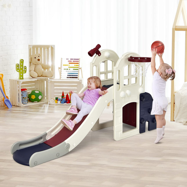 Costzon Toddler Large Slide, 6 in 1 Slide for Kids with Basketball Hoop, Ring Toss, 2 in 1 Convertible Climbing Way