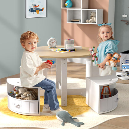 Costzon Kids Table and Chairs, 5 Pieces Wooden Round Children Nesting Table with 4 Storage Stools & 4 Fabric Drawers for Activity
