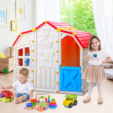 Costzon Roomy Kids Playhouse, Realistic Cottage Playset w/Open-able Windows, Indoor Outdoor Playhouse for Kids