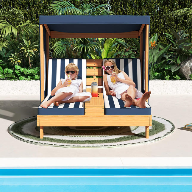 Costzon Kids Lounge Chair Outdoor, Wood Double Seat Chaise Lounge with Canopy