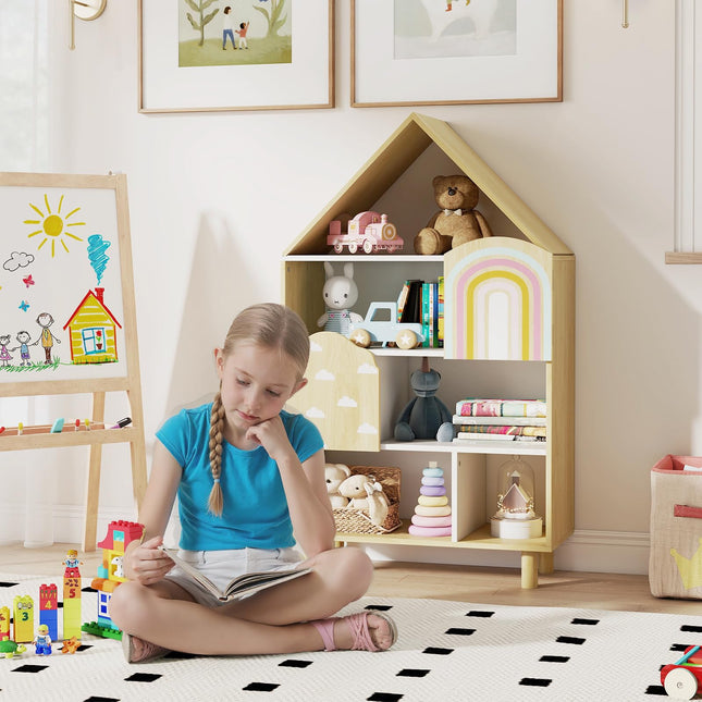 Costzon Kids Dollhouse Bookshelf w/Anti-toppling Devices & Solid Wood Legs