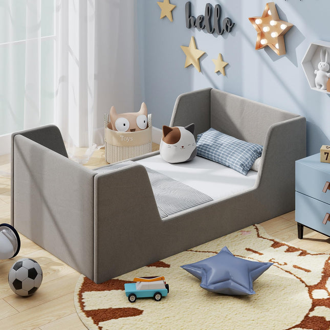 Costzon Toddler Bed Soft Velvet Fabric Upholstered Children Floor Bed Frame