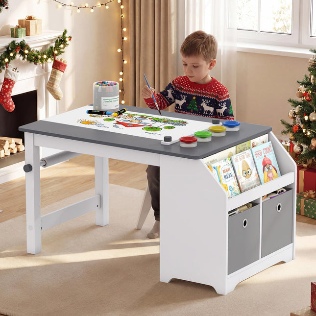 Costzon Wooden Kids Art Table and Chairs w/Paper Roll 4 Paint Cups Storage Shelves