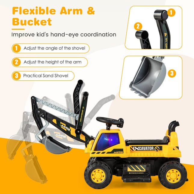 Costzon Ride on Excavator, 6V Battery Powered Digger with Under Seat Storage, Music, LED Lights