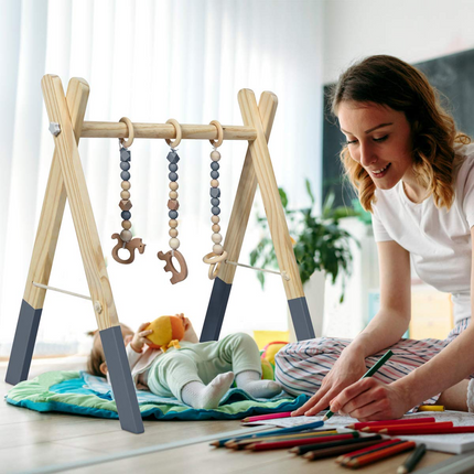 BABY JOY Portable Wooden Baby Gym, Foldable Baby Play Gym Frame, Baby Exercise Activity Gym Hanging Bar
