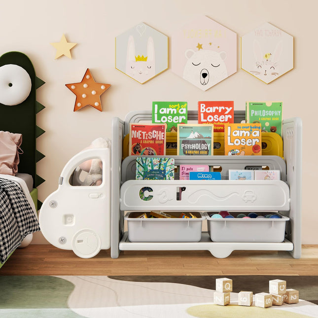 Costzon Car-Shaped Toy and Book Storage Organizer with 3-Tier Bookshelf