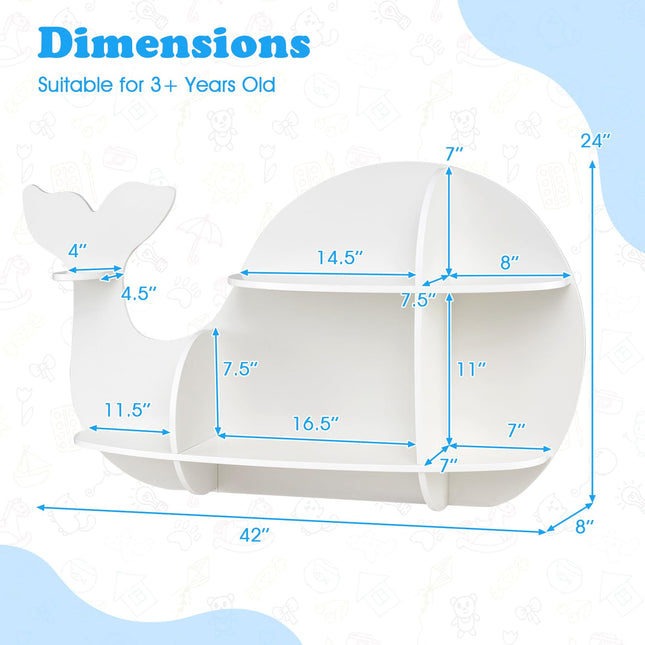 Costzon Wooden Whale-Shaped Wall Shelf | Floating Bookshelf with 6 Open Shelves