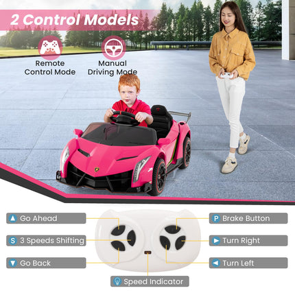 Costzon Pink Lamborghini Ride on Car, 12V Battery Powered 4WD Lambo Kids Car with Remote Control