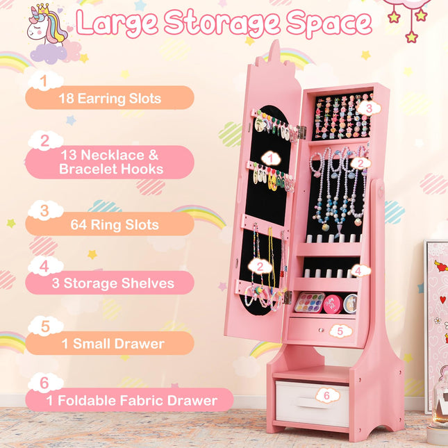 Costzon Kids Vanity & Jewelry Armoire Cabinet, Pretend Play Kids Vanity Table and Chair Set