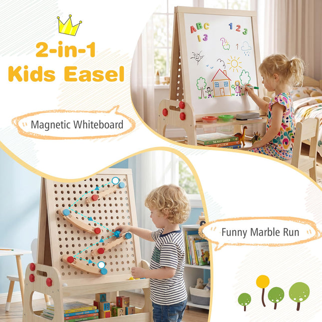 Costzon 2-in-1 Easel w/Magnetic Whiteboard & Marble Run Game for Kids