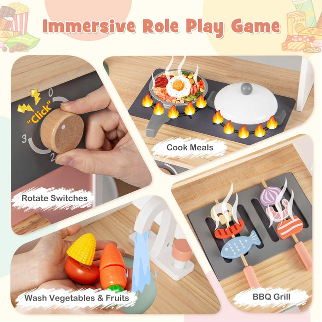 Costzon Kids Kitchen Playset, Pretend Play Kitchen, Wooden Toy Kitchen Set for Toddlers