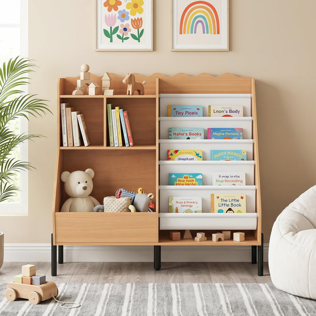 Costzon Montessori Toddler BookShelf | Toy Storage Organizer with w/ 5 Fabric Pockets