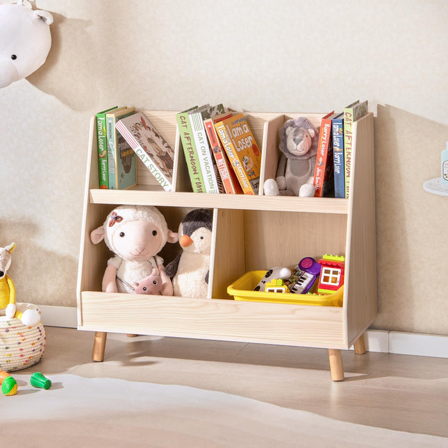 Costzon Toy Organizers and Storage with Bookshelf, 5 Cubbies Wooden Toy Cabinet and Montessori Bookcase with Solid Legs
