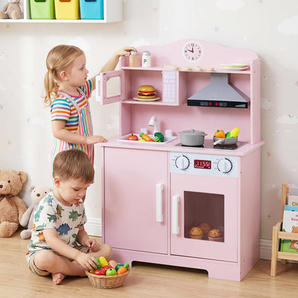 Costzon Play Kitchen for Kids| Wooden Kitchen Playset w/Range Hood