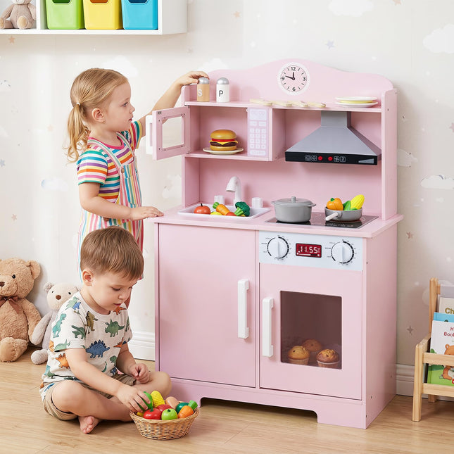 Costzon Play Kitchen for Kids| Wooden Kitchen Playset w/Range Hood
