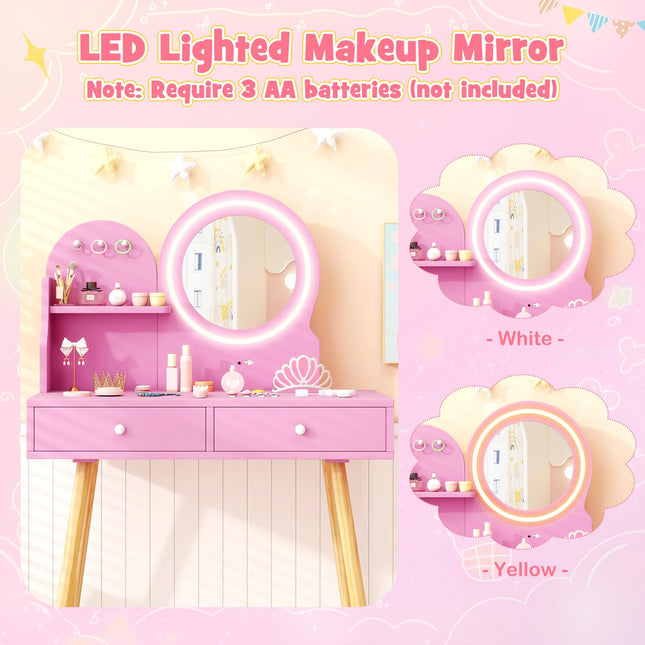 Costzon Kids Vanity, Girls Vanity Set with Mirror and Stool and Lights